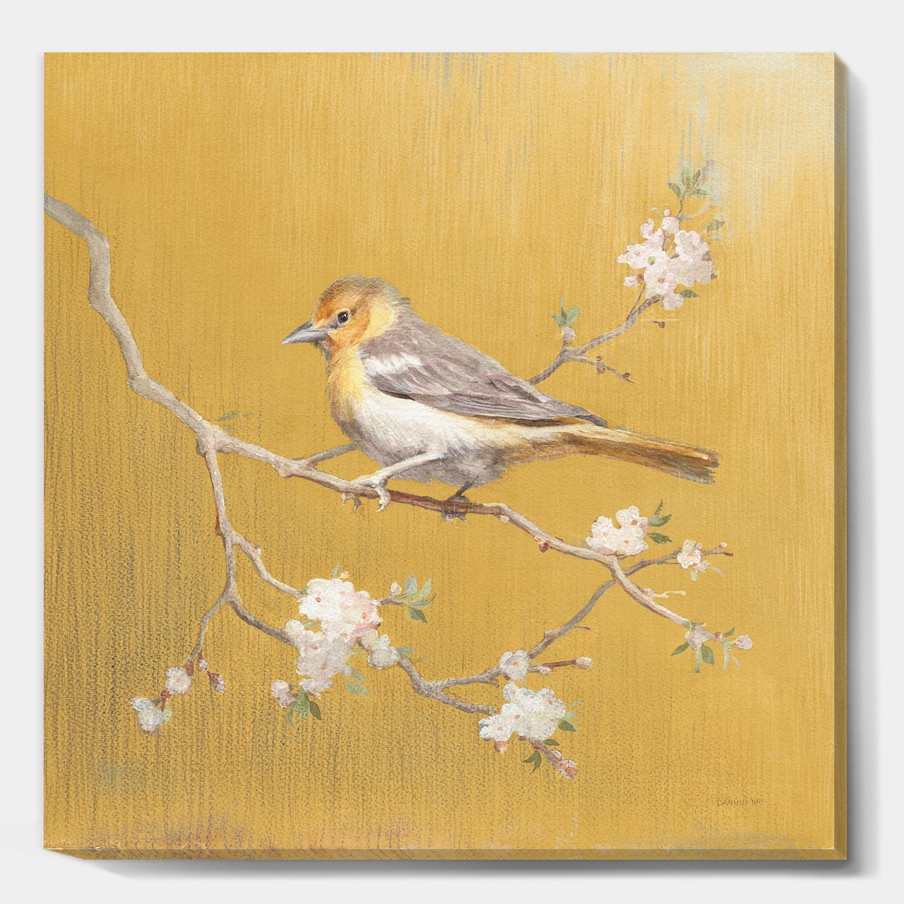 Designart - Gold Bird on Blossoms I - Farmhouse Gallery-wrapped Canvas